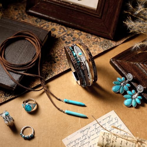 Image of Ecally Bohemian Western Jewelry Turquoise Set Women Country Pendant Long Choker Layered Bracelets Earrings Ring for Women