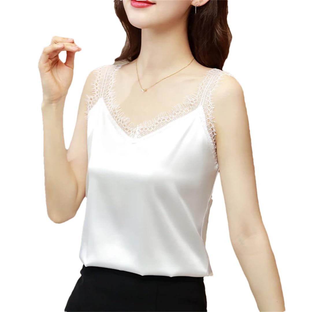 Top in pizzo da donna in raso con scollo a V estivo casual solido sciolto senza maniche