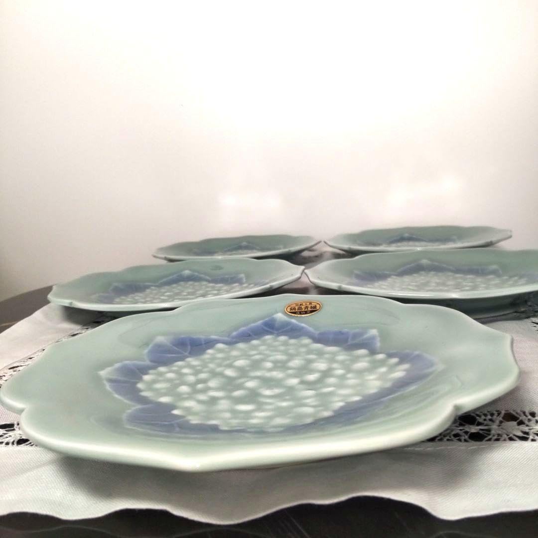 有田焼 伊万里焼 鍋島 青磁 紫陽花 中皿 花形 5枚 虎仙