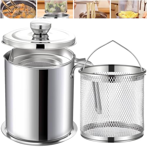 Chihee Récipient à Graisse Friteuse 2 en 1 Acier inoxydable Graisse Bacon en Acier avec Filtre à Mailles Fines Panier à friture 2L Pot à huile Boîte à...