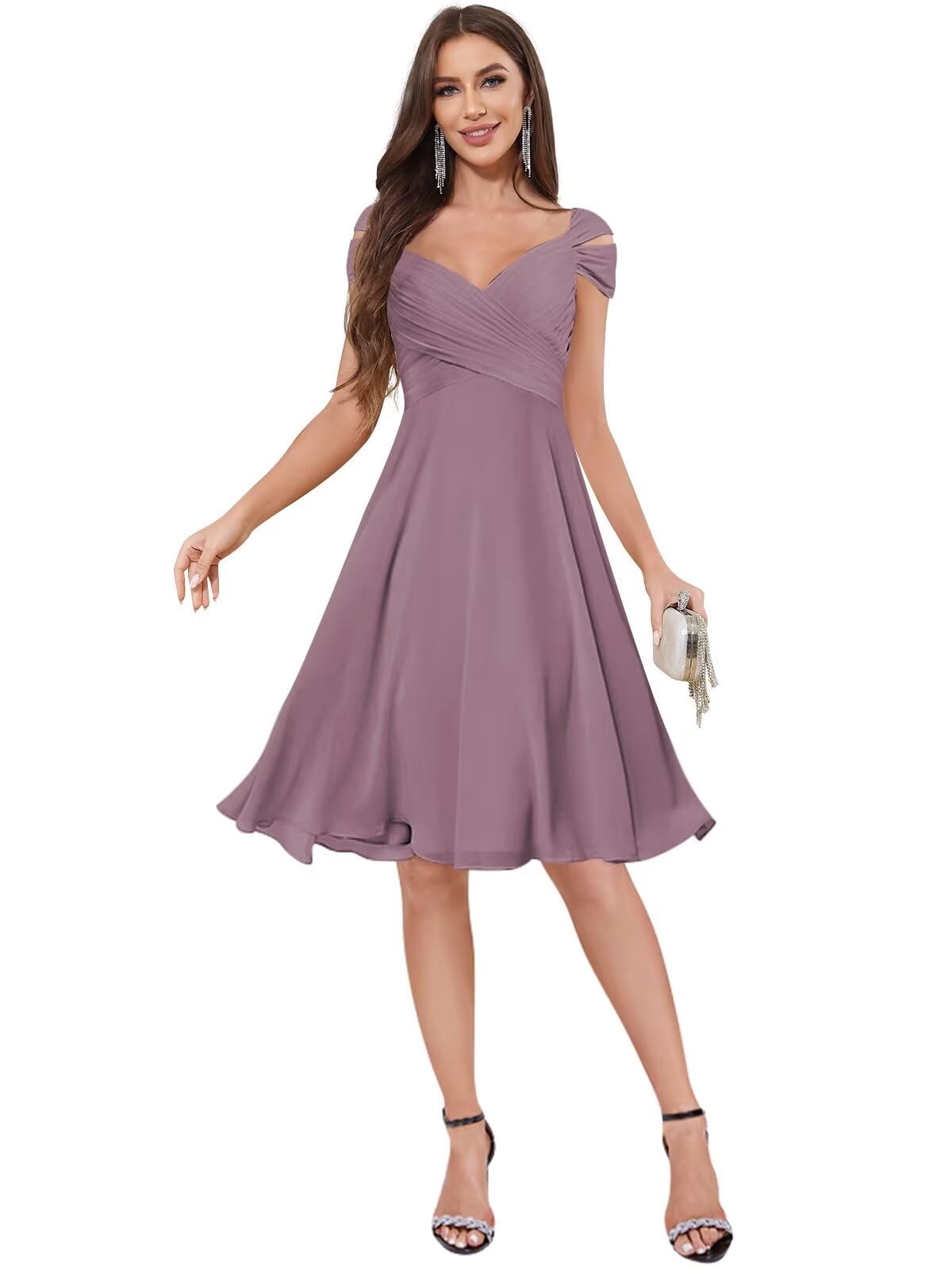 Short Bridesmaid Dresses Off The Shoulder Black Knee Length Ruched Chiffon Wedding Guest Party Dress