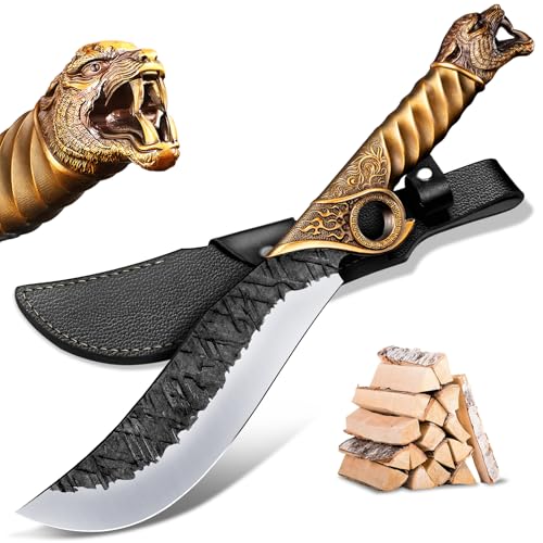 Purple Dragon Outdoor Messer Großes - 5mm Klingenrücken, Survival Messer aus Manganstahl, Full Tang Machete mit Zinklegierungs-Griff und Scheide, Ideal für Holz hacken, Geschenk für Männer, Gold