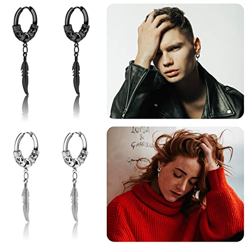 Wbs 2 Pairs Surgical Stainless Steel Huggie Hoop Dangle Earrings Mens 12Mm Vintage Feather Earrings Set Punk Viking Cool Hypoallergenic Kpop Earrings Set Black-Silver #TOP2