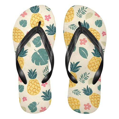 ALAZA Cute Pineapple Leaves Flip Flops for Women Fashion Beach Slippers Comfort Mens Flip Flops Non-Slip Rubber Shower Slippers Sandal for Hotel Travel Sport,XS