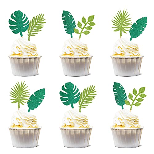 Keaziu 48 Pack Tropical Palm Leaves Cupcake Toppers Tropical Theme Cupcake Picks Jungle Hawaiian Cupcake Topper,Tropical Birthday Party Decorations #TOP6