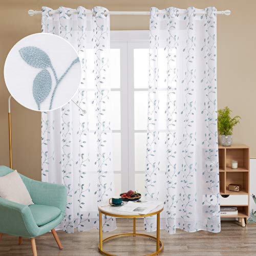 Deconovo Cortinas Visillos para Ventana Cortina Transparente con Ojales para Dormitorio y Salón 2 Piezas 140 x 240 cm Azul Verde