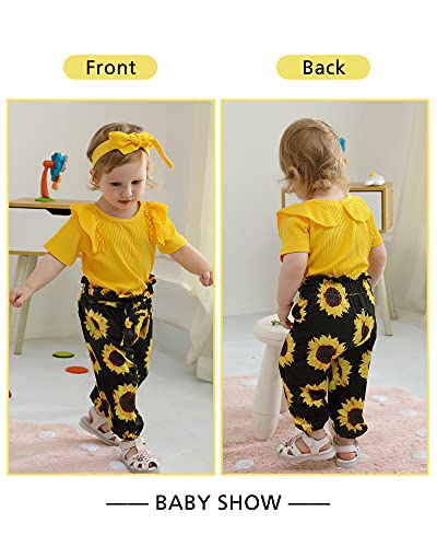 Veikimous Infant Baby Girl Clothes Short Sleeve Bodysuit Newborn Baby Girl Sunflower Outfits Ruffle Romper Long Floral Pants Cute Baby Clothes Girl Yellow 3-6 Months #TOP1