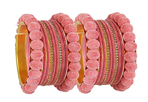 Image of NMII Stylish Metal with Golden Zircon Stone & Velvet Balls Bangles Set For Women and Girls | Fancy Designer Bangles | Short Velvet Chuda Set | Women's Fashion Jewellery