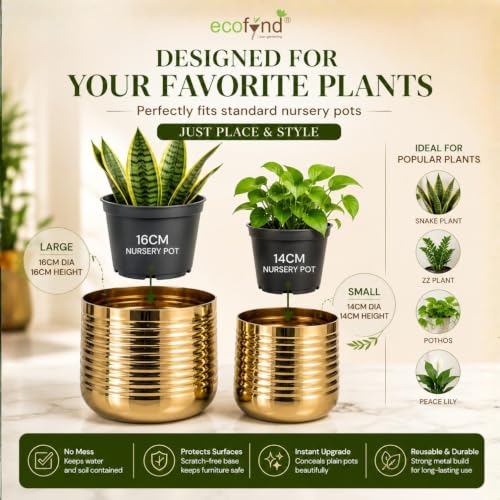 Image of ecofynd 2 Pack Metal Plant Pots (6 inch, 5 inch), Indoor Small Planter Flower Pots, Home Garden Decor Planter for Living Room Bedroom Interior (Gold Finish, POT052)