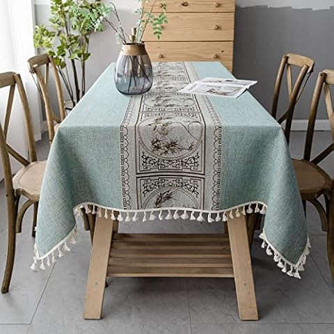 Pahajim Table Cloth Rectangular Washable Cotton Linen Tablecloth Tassel Wipeable Tablecloth Wrinkle Free and Dust Proof for Coffe Table, Kitchen, Dining, Tabletop Decoration(Green, 55 x 102 inch) Cover