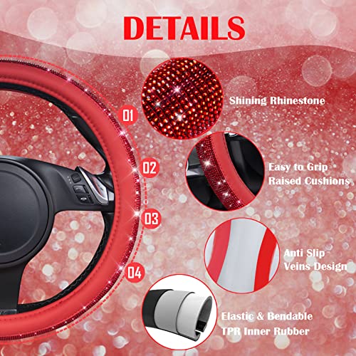 Image of CAR PASS Bling Diamond Leather Steering Wheel Cover, with Bling Sparkly Crystal Glitter Rhinestones Universal Fit 14 inch 1 /2-15 inch Car Wheel Protect for Women Girl Fit Suvs,Vans,Sedans,Cars,Trucks, Red