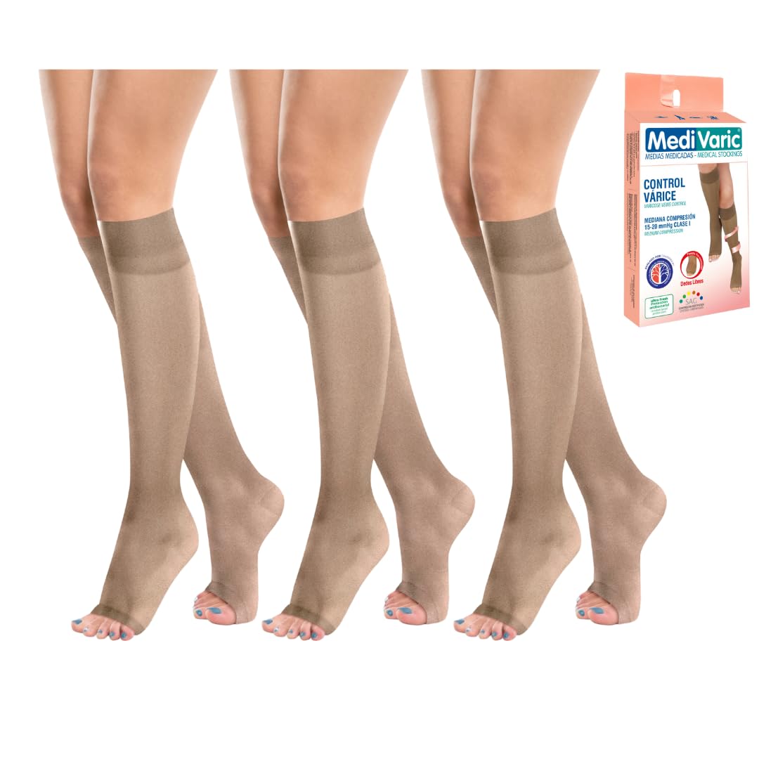 MediVaric 15-20 mmHg Medical Compression Stockings, Knee High, Open Toe, 3 Pack