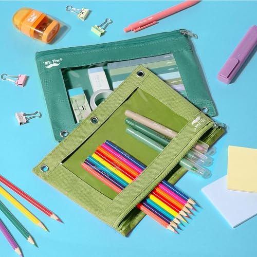 Image of Mr. Pen- Pencil Pouch for 3 Ring Binder, 2 Pack, 10 inchx6.75 inch, Smooth Zipper | Clear Window, Large Capacity Pencil Case with 3 Reinforced Grommets for School, Office, Supplies Storage | Clear Window, Large Capacity Pencil Case with 3 Reinforced Grommets for School, Office, Supplies Storage