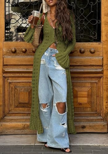 Image of Unybwonn Long Cardigans for Women Crochet Hollow Out Knit Sweater Cover up Maxi Dress Long Sleeve Button Down Cardigan