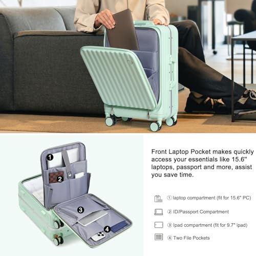 Somago Carry on Luggage Front Open 22x14x9 Airline Approved Lightweight Suitcase with Cup Holder and USB Port Aluminum Frame Polycarbonate Spinner Hard Suitcase with TSA Lock (Lime)4