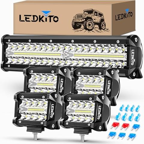 LEDKITO 12 Inch LED Light Bar and 4PCS 4 Inch LED Pod Lights Off Road Driving Fog Lights Set Triple Row Spot Flood Combo LED Light Bar Cube Light Pods for Je-ep Truck UTV ATV Golf Cart Boat Cover