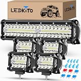 LEDKITO 12 Inch LED Light Bar and 4PCS 4 Inch LED Pod Lights Off Road Driving Fog Lights Set Triple Row Spot Flood Combo Lights Bar Cube Light Pods for Je-ep Truck ATV UTV SUV Pickup Tractor Golf Boat