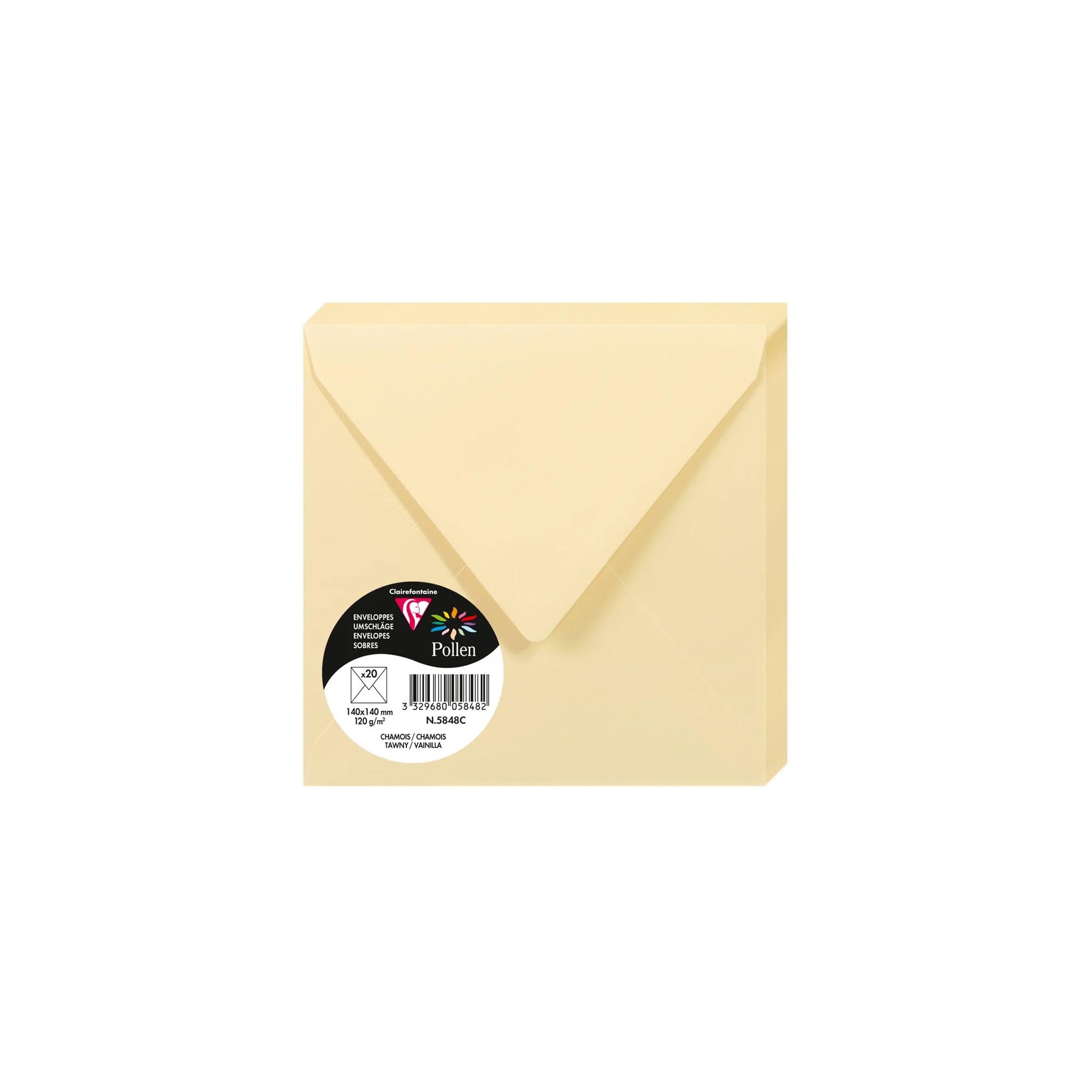 Clairefontaine 5848C Pack of 20 Gummed Envelopes Square Format 14x14cm 120g/m² Tawny Colour Invitation Events Correspondence Pollen Range Premium Smooth Paper
