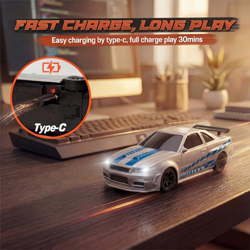 Image of [2026 New Upgrade 1 /43 Scale Mini RC Drift Car with Gyroscope Toys for Age 8-14 Old Birthday Gifts Micro Small with Full Proportional RTR 2.4GHz Remote 2 Tire Sets 8 Cones - Silver Blue