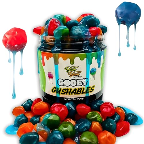 Gooey Gushables – Sour Blue Raspberry Gushers in Liquid Candy Sauce | TikTok Viral Candy | Juicy Gooey Gummies | Sweet & Sour Fruit Snacks | 13oz Resealable Jar by Yum Yum (13 oz)