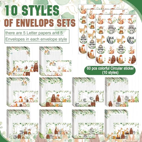Image of TaoBary 160 Pcs Stationery Paper Set 50 Double Sided Stationery Papers with 50 Matching Envelopes and 60 Round Dot Sticker, 10 Design(Woodland Animal,8.5 x 11 Inch)