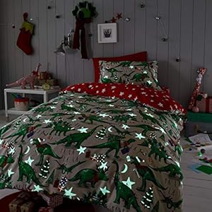 Happy Linen Company Mädchen/Jungen Bettwäsche-Set – mit weihnachtlichen Dinosaurier-Motiven – wendbar – im Dunkeln Leuchtend – Taupe/Naturfarben – Einzelbett
