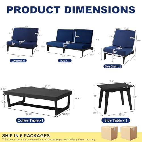 Image of Pia Ricoo 6-Piece Patio Furniture Set, Outdoor Sectional Sofa with Loveseat, 2 Chairs, Coffee Table & Side Table, All-Weather Conversation Set for Backyard /Deck /Lawn - Navy /Dark