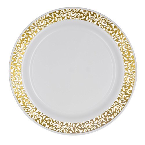 Party Joy â€˜I Canâ€™t Believe Itâ€™s Plasticâ€™ 200-Piece Plastic Dinner Plate Set | Lace Collection | Heavy Duty Premium Plastic Plates for Wedding, Parties, Camping & More (White w/ Gold Lace)