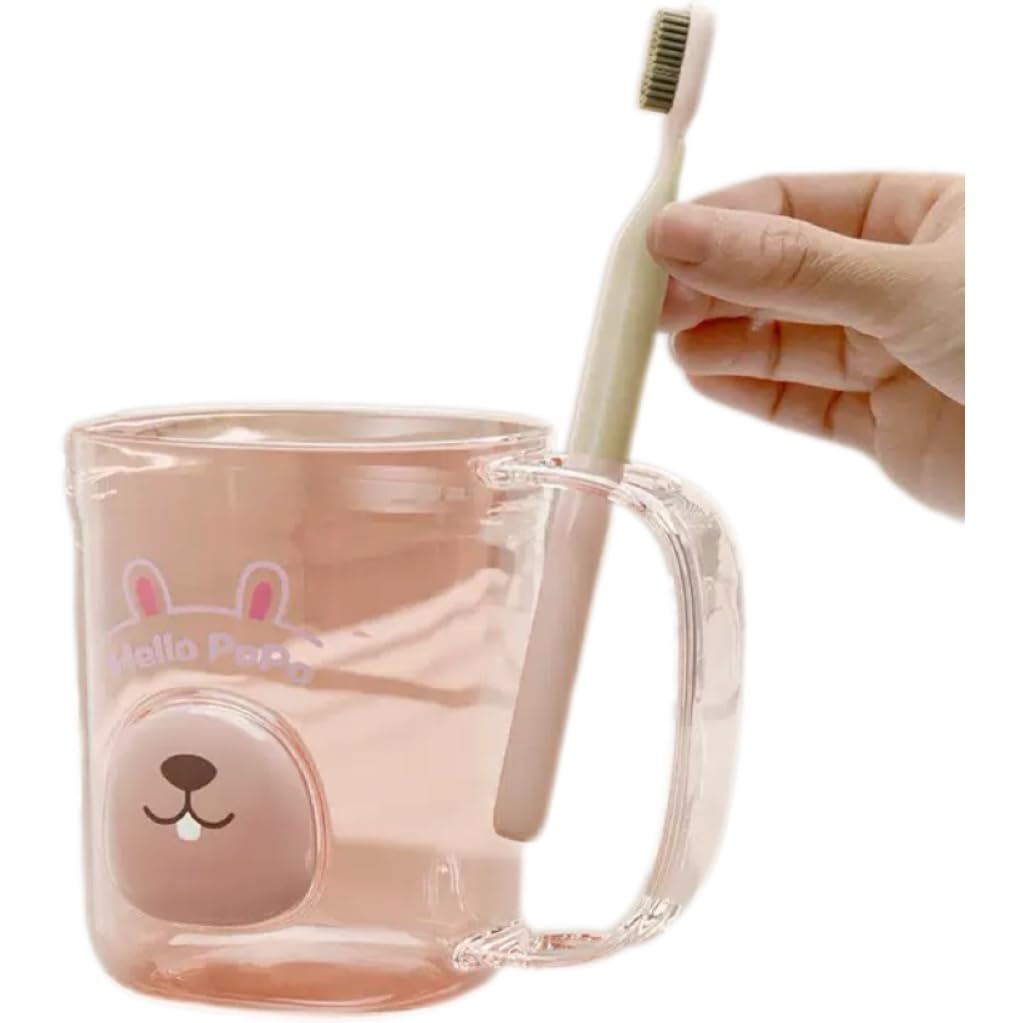 Household Simple Toothbrush Cup, Transparent Mouthwash washing Cup Cartoon Toothbrush holders Unbreakable Bathroom Tumbler Cup with Handle (Pink)