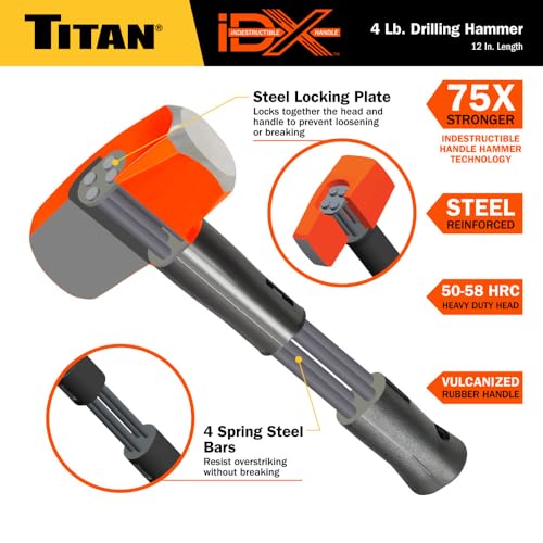 Image of Titan iDX 63614 4lb Drilling Hammer, Sledgehammer with 12 inch Indestructible Handle Reinforced with Steel Locking Plates & Steel Bars, Vulcanized Rubber Grip, Overstrike Protection