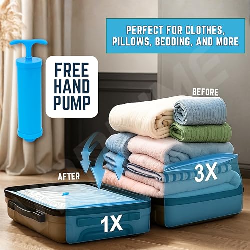 Image of VRPRIME 5Pc Vacuum Bags for Clothes with Pump | Travel & Smart Space Saver Strorage Vaccum Bag | Airtight, Reusable Compression Bags with Double-Zip Seal (Transparent) (5PC SET (PACK OF 1))