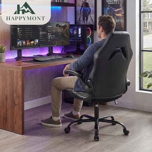 Image of Ergonomic Computer Game Desk Chair - PU Leather Lumbar Support, Height Adjustable High Back Video Game with Flip-up Armrest,Rolling Swivel for Adults,Deep Grey