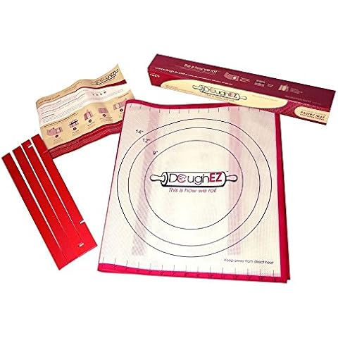 DoughEZ Patented Extra Large 17.5 x 32 Non-Slip Silicone Pastry Dough Rolling Mat and 6 Guide Sticks - BPA Free, Approved materials Cover