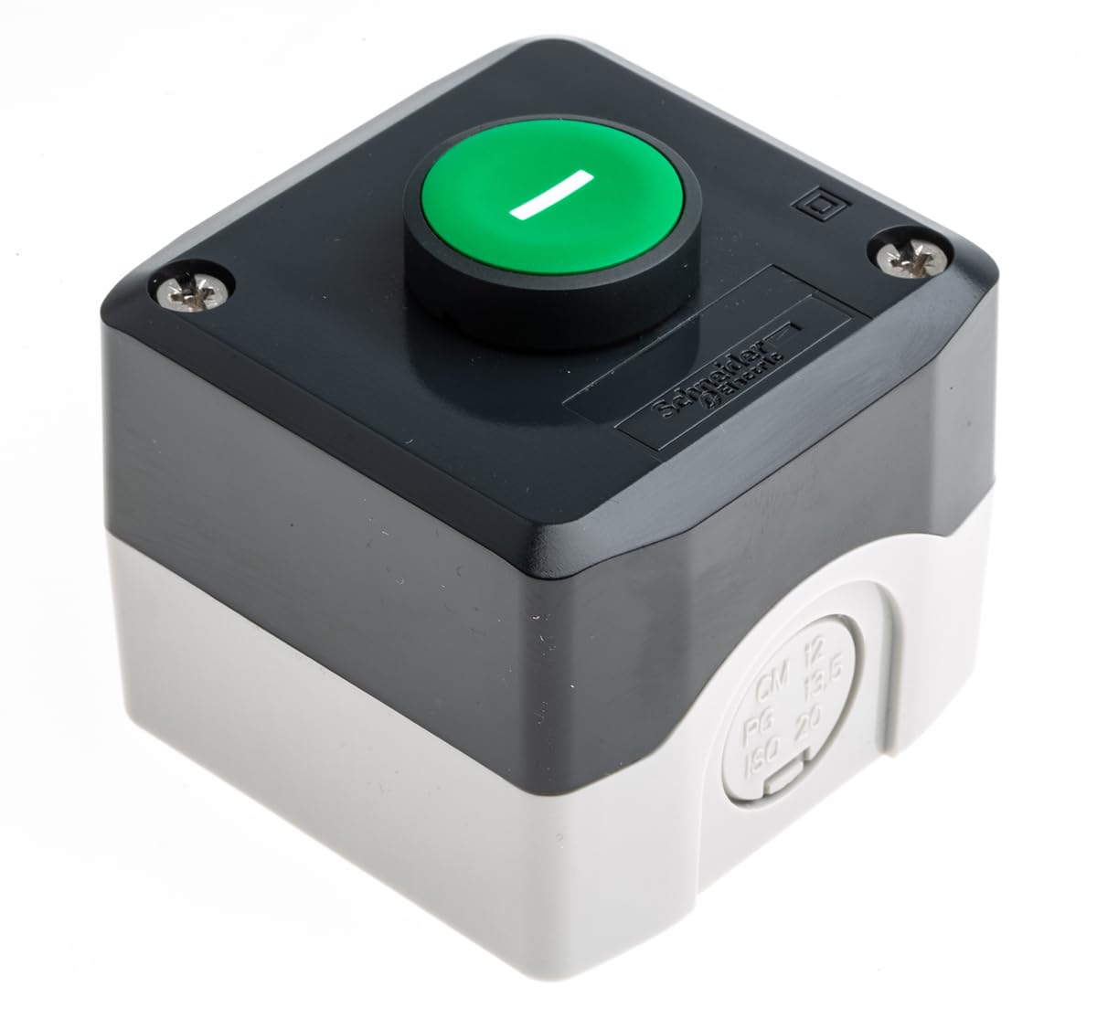 Schneider Electric Control station, plastic, dark grey lid, 1 green flush push button Ø22, spring return, marked I, 1 NO