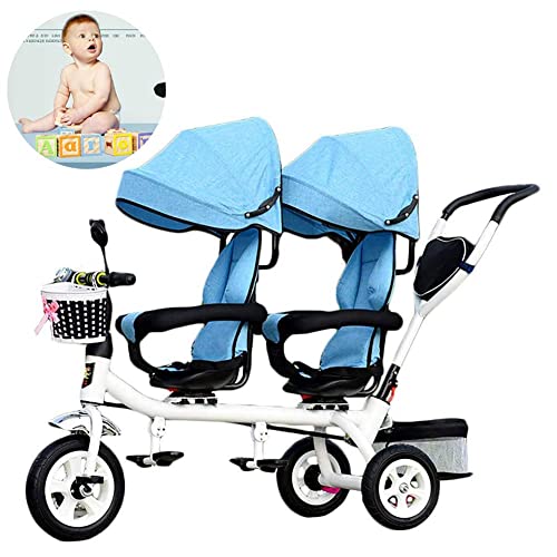 NUBAO Cochecito de bebé Gemelo Bicicleta Ligera de 2 Asientos con Cesta, Manillar Desmontable y Dosel, Ajustable y cómodo for Tocar el Traje Durante 12 Meses – 6 años (Color : Blue)