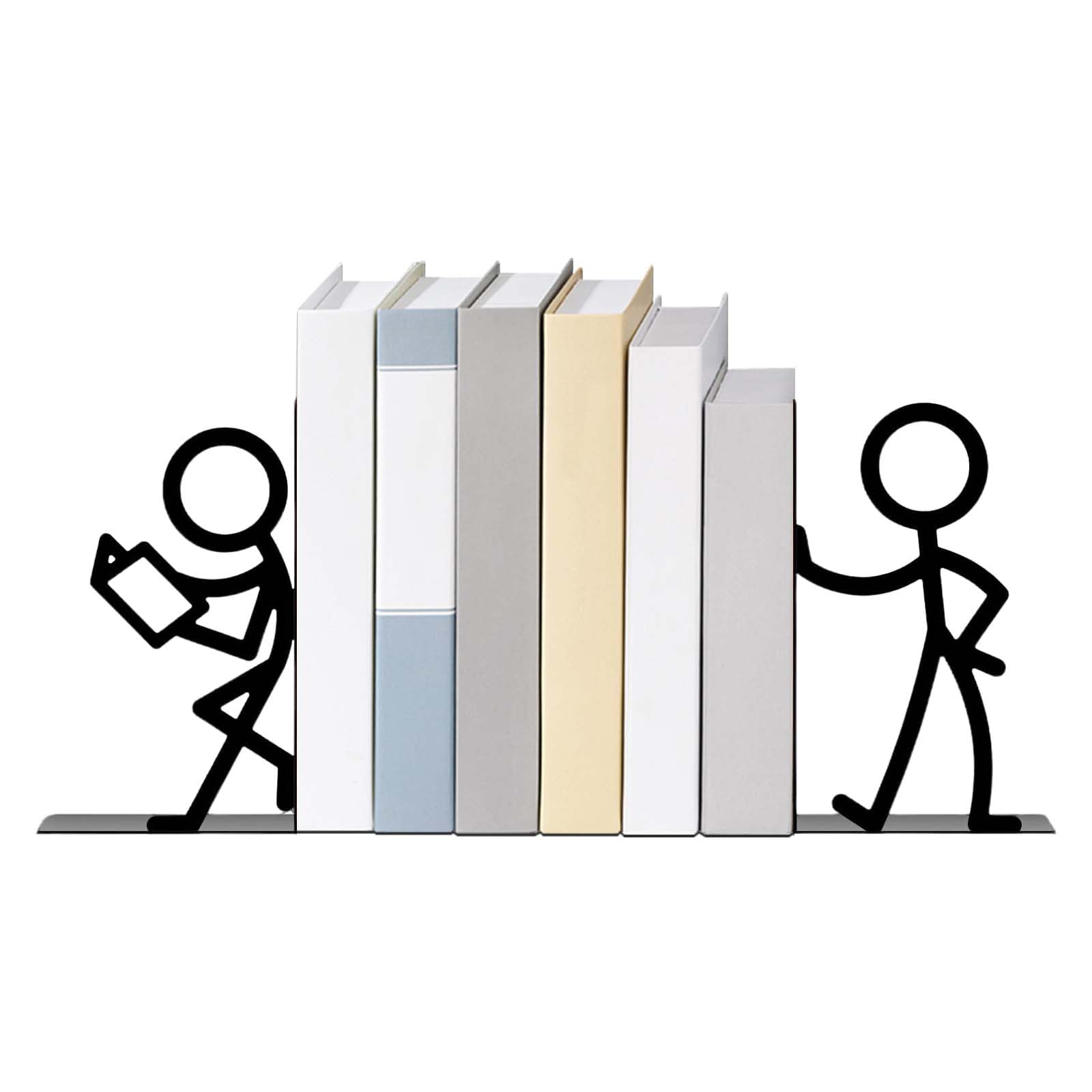 1 Pair Abstract Line Art Metal Bookends - Cute Person Modern Shelf Organiser for Books & Decor, Sturdy Book Stopper with Non-Slip Base, Black Iron Desktop Book Holders for Home & Office