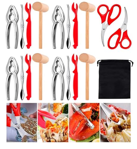 19 Pcs Seafood Tools Set, Crab Crackers And Tools Set, Include 4 Crab Crackers, 4 Shellfish/Seafood Forks, 4 Plastic Lobster Shellers, 4 Lobster Crab Mallets, 2 Seafood Scissors & 1 Storage Bag