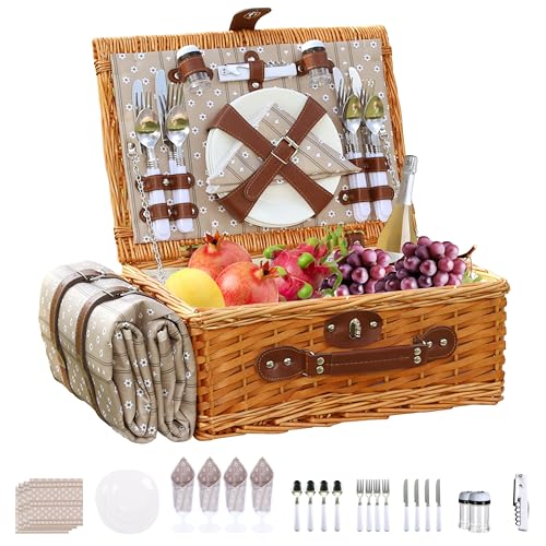 Opiniones de Cestas de picnic . 46 YPshuye - Juego de cestas de Picnic de Mimbre para 4 Personas con Bolsa Aislante y Manta Impermeable de Picnic, Color café para Verano, para Acampar al Aire última intervensión,...