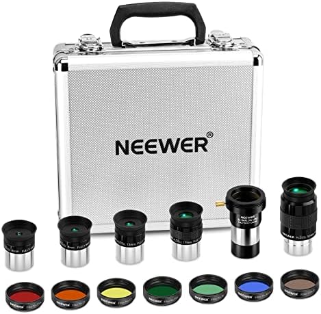 NEEWER 14PCS Telescope Eyepiece and Filters Kit, Telescope Accessories with (5)1.25 Plössl Telescope Eyepiece, (1)2X Barlow Lens, (6) Colored Filters, (1) Lunar Filter, Metal Protective Carrying Case