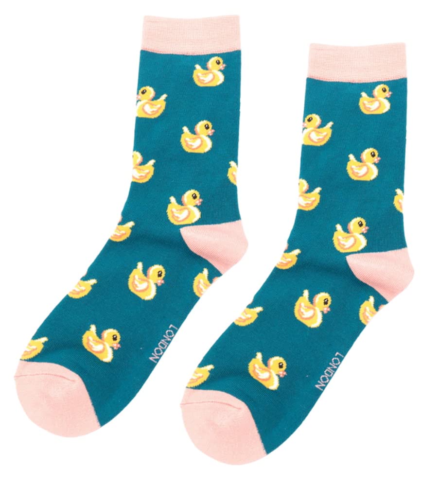 Lilyrosa Women's Teal Yellow Rubber Duck Design Socks One Size 3-7 Bamboo Blend Crew Mid Calf 1 Pair