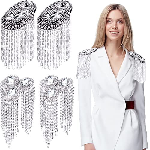 4 Pieces Rhinestone Tassel Shoulder Applique Crystal Fringe Shoulder Epaulette 2 Style Shoulder Badge Decor For Women Diy Jacket Clothes Accessories (Silver) #TOP11