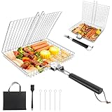 Fish Grill Basket for Outdoor Grill, Grilling Basket With Removable Handle, Portable BBQ Set Barbecue Rack for Shrimp Pork Veggies, Camping Grilling Accessories With Brush, Metal Skewers and Carry Bag