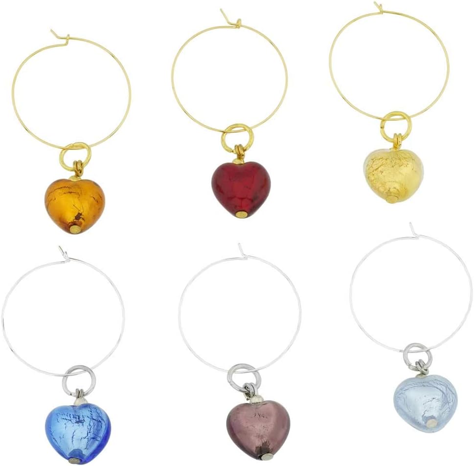 Glass Of Venice Murano Glass Heart Wine Glass Charms Set of 6