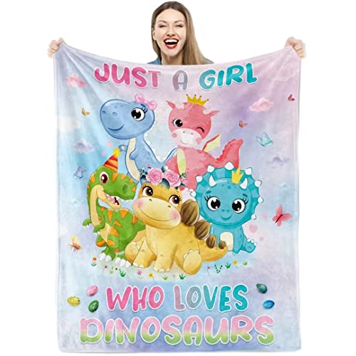 Teslite Dinosaur Blanket for Girls, Cozy Girl Gifts Throw Just A Who Loves Dinosaurs, Soft Plush Cute Dino Flannel Fleece Blankets Kids Toddler Birthday Sofa Decor 100x130 cm, 40'' x 50''