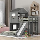 House Bed Bunk Beds with Slide, Wood Bunk Beds with Roof and Guard Rail for Kids, Toddlers, No Box...