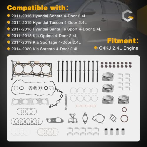 Image of Engine Rebuild Kit for 2.4L G4KJ, Pistons Rings with Full Gasket Set, Complete Engine Overhaul Kit Compatible with 2011-2018 Hyundai Sonata Tucson Kia Optim, Replace# 23040-2G500 23410-2G500