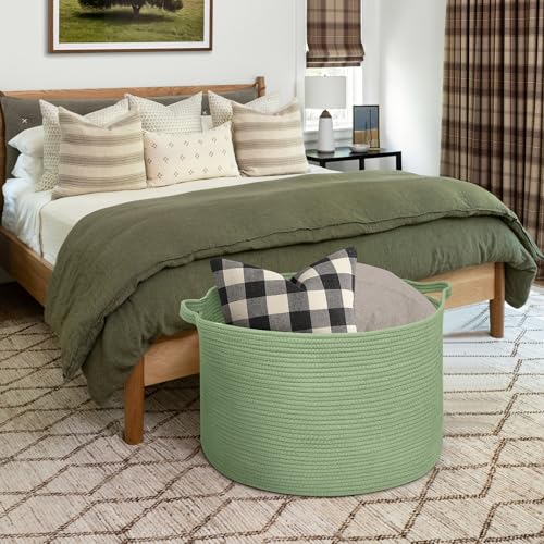 Image of MEGASKET 115L Oversized Green Basket, 23.6 inchx15.7 inch Woven Cotton Rope Bin for Blankets, Nursery Wicker Laundry Hamper, Kids Toy Storage Bin, Sage Green Living Room Bedroom Decor Baskets for Organizing