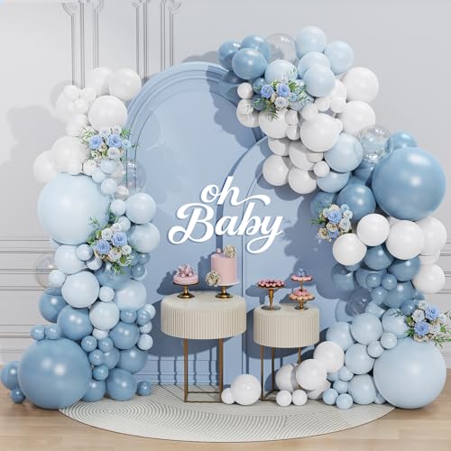 Dusty Blue Balloon Garland Arch Kit 156 Pcs Different Sizes 18 12 10 5 Inch Light Blue and White Macaron Latex Balloon Arch Kit for Birthday Baby Shower Gender Reveal Wedding Bridal Decorations
