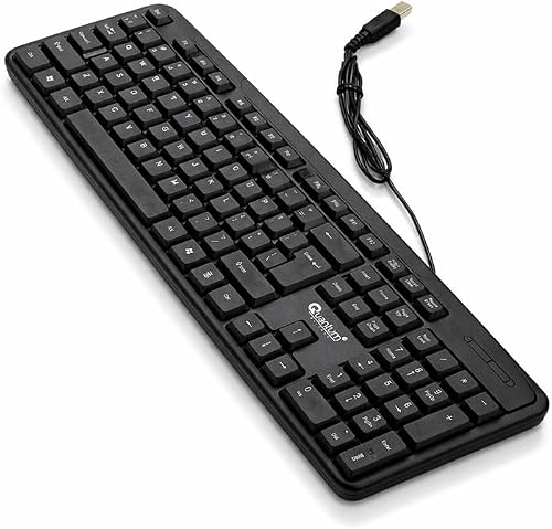 Wired Keyboard, Full-Size 104-Key Layout, Quiet Low-Noise Design, Soft-Touch Keys, Slim Profile, Plastic, for Home, School, and Office