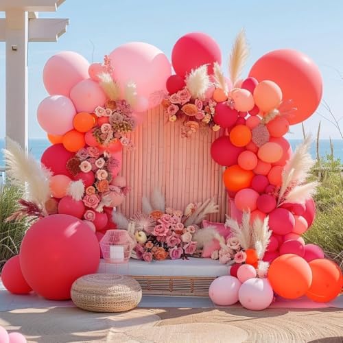 Image of Pink and Rose Red Balloons Garland Double Stuffed Baby Pink Balloons Different Sizes Macaron Orange Latex Balloons Arch Kit for Birthday Wedding Anniversary Baby Shower Flamingo Party Decorations
